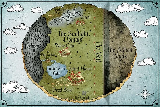 Custom fantasy map of The Sunlight Domain, featuring the Schism, Ashen Lands, Veil, Silent Haven, Fresh Water Lake, mountains, settlements, and surrounding ocean.