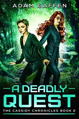 Science fiction adventure book cover for “A Deadly Quest” by Adam Gaffen, featuring two women moving through a vivid green alien jungle landscape.