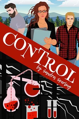Contemporary fiction book cover for “Control” by Sandra Sperling, featuring an illustrated red-haired woman holding a folder between two men with laboratory glassware below.