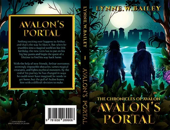 Full paperback wrap for Avalon’s Portal by Lynne W. Bailey, showing a magical forest scene with a cloaked figure, moonlit stones, lush green foliage, and a back cover framed with gold detailing and a barcode panel.