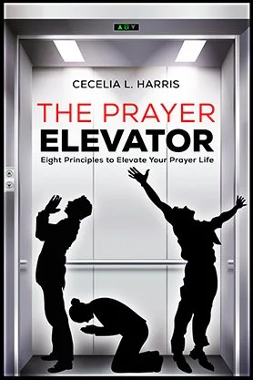 Christian prayer book cover for “The Prayer Elevator” by Cecelia L. Harris, featuring an elevator interior with silhouettes of people praying and worshipping.