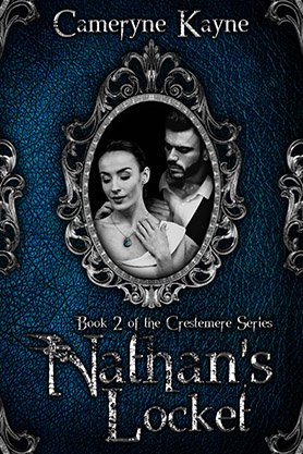 Dark romance book cover for “Nathan’s Locket” by Cameryne Kayne, featuring a black-and-white portrait of a man and woman inside an ornate silver frame with a blue locket accent.