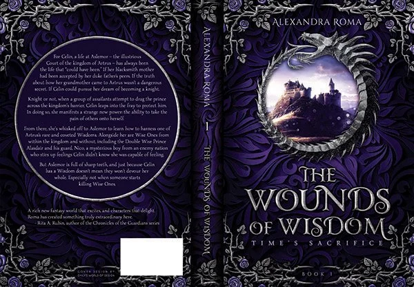 Full paperback wrap for The Wounds of Wisdom by Alexandra Roma, with an ornate purple fantasy design, silver decorative borders, a dragon-shaped circular frame enclosing a castle scene, and a dark back cover with a centered blurb.