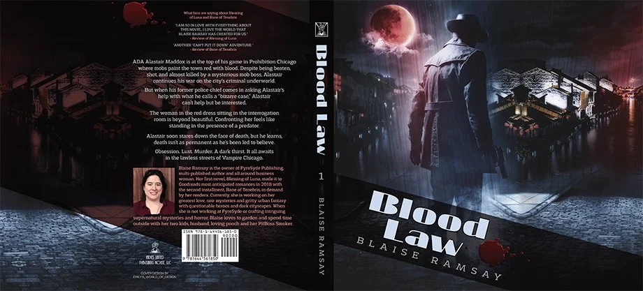 Dark urban fantasy dust jacket for Blood Law by Blaise Ramsay, featuring a noir city street, a blood-red moon, and a mysterious trench-coated figure seen from behind.