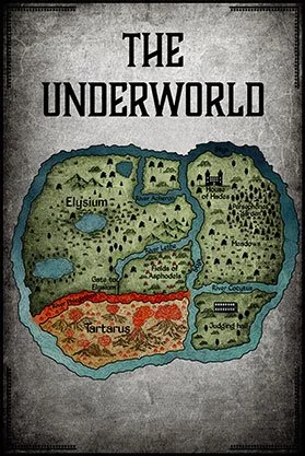 Custom fantasy map of The Underworld, featuring regions including Elysium and Tartarus, forests, lakes, rivers, mountains, settlements, and fortified areas.
