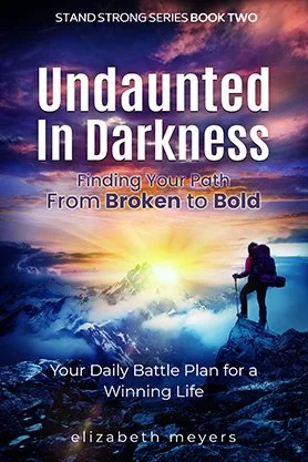 Inspirational self-help book cover for “Undaunted in Darkness” by Elizabeth Meyers, featuring a dramatic mountain sunrise scene with a lone hiker and bold motivational text.