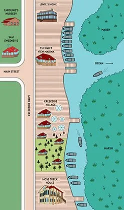 Illustrated coastal town map featuring residential areas, a nursery, village buildings, roads, marinas, boats, parkland, and a waterfront shoreline.