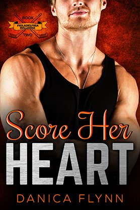 Sports romance book cover for “Score Her Heart” by Danica Flynn, featuring a muscular hockey player in a black tank top against a textured red background.