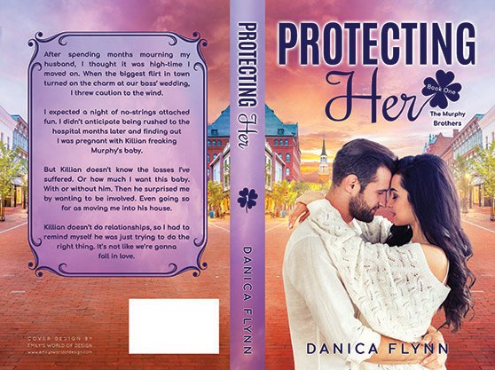 Full paperback wrap for Protecting Her by Danica Flynn, showing a romantic couple embracing in a warm town setting on the front, soft pink and peach tones, and a matching back cover with a framed romance synopsis.