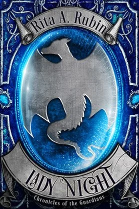Fantasy book cover for “Lady Night” by Rita A. Rubin, featuring a glowing blue amulet with a dragon silhouette in an ornate silver frame.