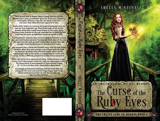 Full paperback wrap for The Curse of the Ruby Eyes by Shelly M. Neinast, featuring a bright green fantasy mystery scene with a red-haired heroine on a forest bridge, glowing magical energy, and a stone-textured title plaque on the front.