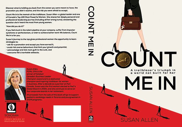 Full paperback wrap for Count Me In by Susan Allen, designed in a crisp non-fiction style with a beige and red diagonal layout, bold typography, cropped businesswoman imagery on the front, and an informative back cover with author photo.
