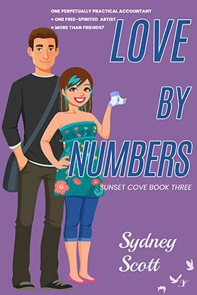Contemporary romance book cover for “Love by Numbers” by Sydney Scott, featuring an illustrated couple standing together against a purple background.