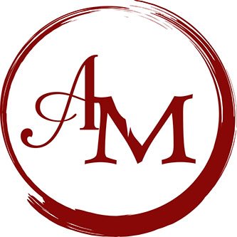 Minimalist AM monogram logo in red with a circular brushstroke, ideal for personal branding, author identity, consulting, or creative business use.