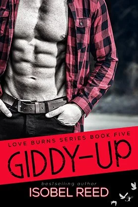 Contemporary romance book cover for “Giddy-Up” by Isobel Reed, featuring the torso of a muscular man in an open plaid shirt and jeans in a black-and-white design.