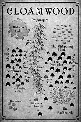 Black-and-white fantasy map of Gloamwood, featuring Dragonspine, the Archerback Ridge, Whispering Plains, Deepwilds, Ashgroves, mountains, forests, lakes, villages, and marshlands.