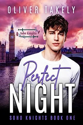 MM romance book cover for “Perfect Night” by Oliver Takely, featuring a young man against a pink London skyline with Big Ben and the Houses of Parliament.