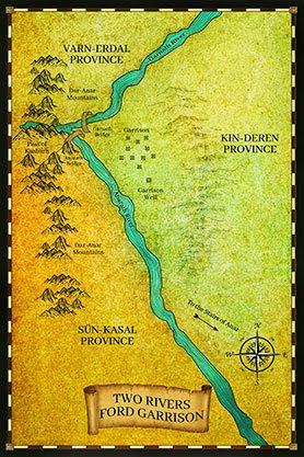 Custom fantasy regional map showing Varn-Erdal, Kin-Deren, and Son-Kasal provinces, divided by rivers and mountain ranges, with the Two Rivers Ford Garrison marked in the south.