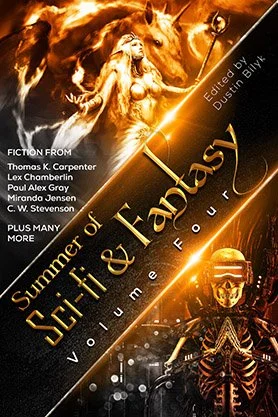 Science fiction and fantasy anthology cover for “Summer of Sci-Fi & Fantasy Volume Four,” featuring a glowing female figure with horses above a futuristic skeletal robot in a fiery gold composition.