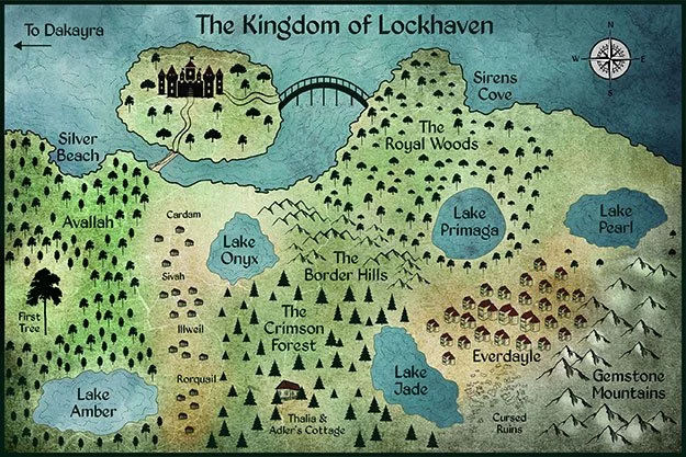 Custom fantasy map of The Kingdom of Lockhaven, featuring forests, lakes, mountain ranges, settlements, coastal regions, and a royal castle in a hand-drawn illustrated style.
