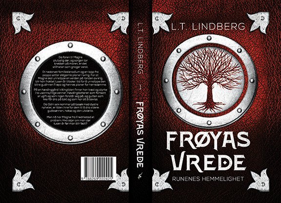 Full paperback wrap for Frøyas Vrede by L.T. Lindberg, designed with a textured red Norse-inspired background, circular metallic emblems, a stylized tree symbol on the front, and a matching back cover with Scandinavian text and strong rune-like aesth