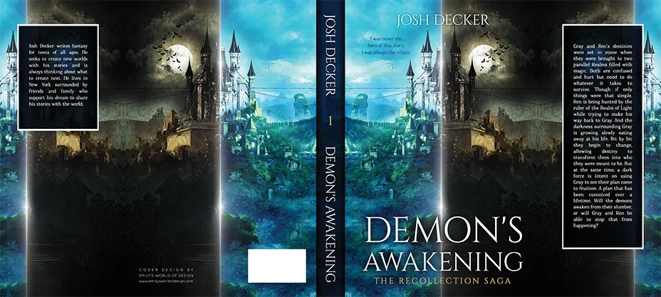 Full wrap dust jacket for Demon’s Awakening by Josh Decker, featuring a moody fantasy cityscape with castle towers, glowing moonlight, and a dark, magical atmosphere.