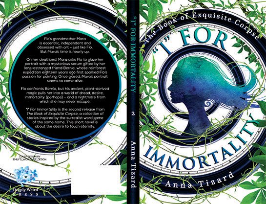 Full paperback wrap for For Immortality by Anna Tizard, featuring a clean white-and-teal design with leafy green vines, circular framing elements, a blue profile silhouette on the front, and a matching back cover with a round blurb panel.