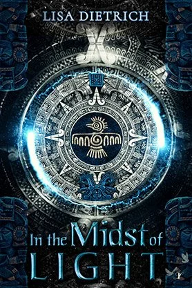 Fantasy book cover for “In the Midst of Light” by Lisa Dietrich, featuring an ornate ancient stone calendar with glowing blue and silver mystical accents.