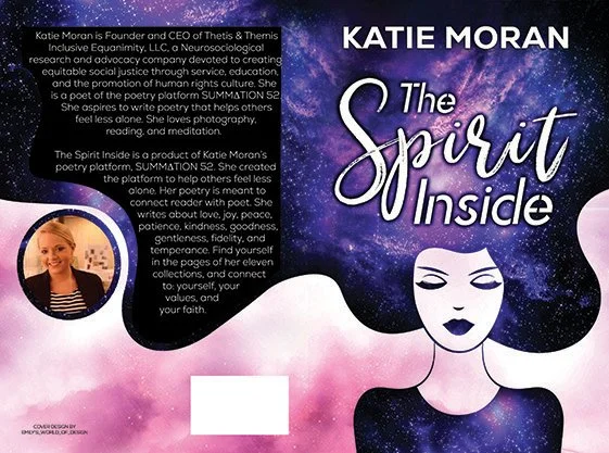 Full paperback wrap for The Spirit Inside by Katie Moran, designed in cosmic purple and pink tones with a stylized illustrated female figure on the front, flowing galaxy-like hair, and a back cover with author bio and portrait.
