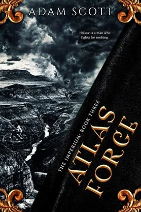 Dark fantasy book cover for “Antilas Forge” by Adam Scott, featuring a stark mountainous landscape beneath dramatic storm clouds in a black-and-white design.