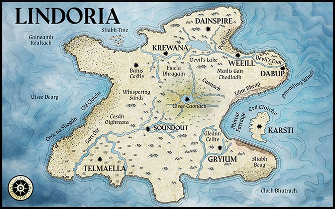 Custom fantasy map of Lindoria, featuring multiple kingdoms and islands, mountain ranges, rivers, castles, settlements, and coastal regions surrounded by blue seas.