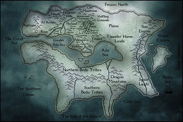 Custom fantasy continent map featuring the Great Sea, Ada Sea, Thunder Horse Lands, Northern and Southern Bedu Tribes, Dragon Mountains, Spice Lands, and surrounding territories.