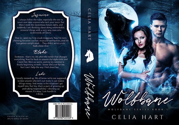 Full paperback wrap for Wolfsbane by Celia Hart, featuring a blue-toned paranormal romance composition with a couple on the front, a wolf and moonlit forest behind them, and a decorative black back cover panel with review-style quotes.