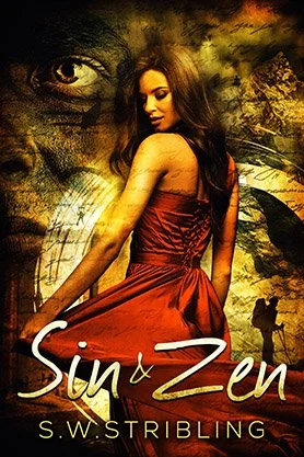 Dark contemporary fiction book cover for “Sin & Zen” by S. W. Stribling, featuring a woman in a red dress, a mysterious eye, maps, and layered dark imagery.