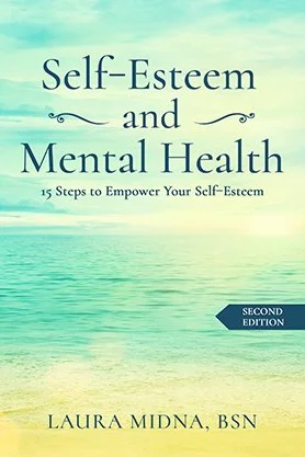 Self-help book cover for “Self-Esteem and Mental Health” by Laura Midna, BSN, featuring a calm beach and ocean background in soft aqua tones with elegant typography.