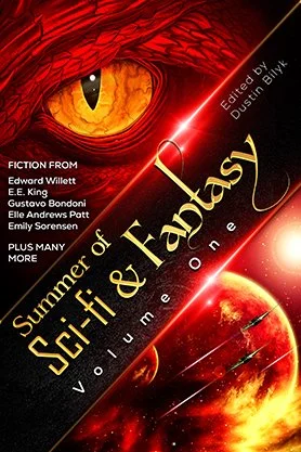 Science fiction and fantasy anthology cover for “Summer of Sci-Fi & Fantasy Volume One,” featuring a dragon eye, planets, and futuristic spacecraft in a dramatic red-orange composition.