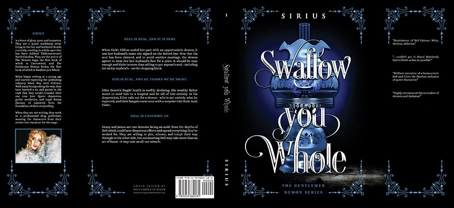 Gothic dust jacket for Swallow You Whole by Sirius, featuring a haunting black background, delicate blue ornamental borders, and a glowing hourglass centerpiece.
