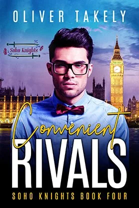 MM romance book cover for “Convenient Rivals” by Oliver Takely, featuring a man wearing glasses and a bow tie against a bright London skyline with Big Ben.