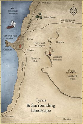 Custom fantasy map of Tyrus & Surrounding Landscape, featuring coastal roads, settlements, an olive grove, market, plains, campfire remains, and nearby sea routes.