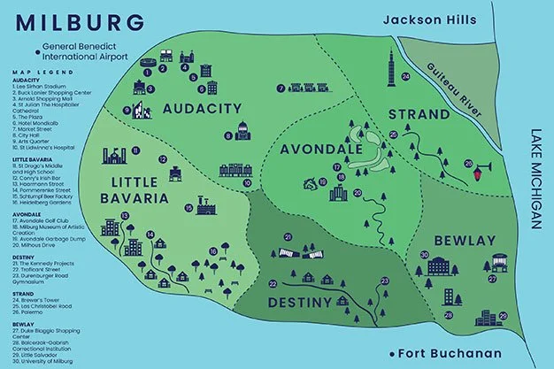 llustrated map of Milburg, featuring the districts of Audacity, Little Bavaria, Avondale, Strand, Bewlay, and Destiny, with roads, landmarks, parks, buildings, and the Lake Michigan shoreline.