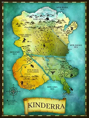 Detailed fantasy world map of Kinderra, featuring multiple provinces, mountain ranges, forests, rivers, deserts, seas, settlements, and regional borders.