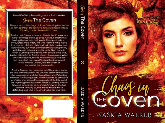Full paperback wrap for Chaos in the Coven by Saskia Walker, featuring an intense orange-and-red fantasy design with a striking female portrait, glowing fiery textures, and a matching back cover blurb framed in black.