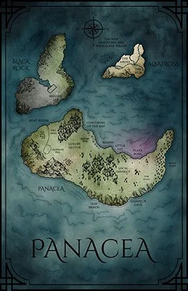Custom fantasy map of Panacea, featuring several islands and continents, forests, mountains, settlements, lakes, and surrounding ocean in a dark antique style.