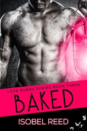 Contemporary romance book cover for “Baked” by Isobel Reed, featuring the torso of a muscular man holding a glowing pink lantern in a black-and-white design.