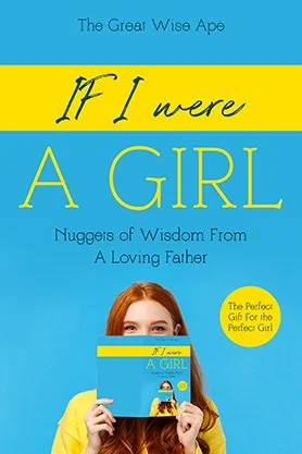 Inspirational gift book cover for “If I Were a Girl” by The Great Wise Ape, featuring a smiling girl holding a book against a bright blue and yellow background.