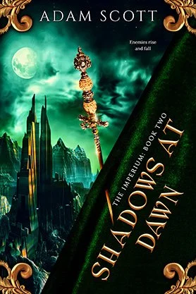 Science fiction fantasy book cover for “Shadows at Dawn” by Adam Scott, featuring an ornate golden staff above a dark futuristic city beneath a glowing moon.