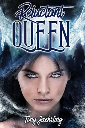 Fantasy book cover for “Reluctant Queen” by Tony Jaehling, featuring a close-up portrait of a woman with icy blue magical effects and shadowy figures in the background.