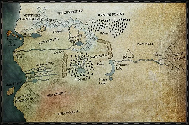Custom fantasy world map featuring the Frozen North, Lorynthia, Badlanos, Megua, Kothule, and surrounding kingdoms, with mountains, forests, lakes, islands, and regional borders.