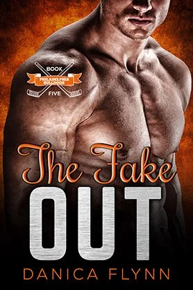 Sports romance book cover for “The Fake Out” by Danica Flynn, featuring a shirtless muscular hockey player against a textured orange background.