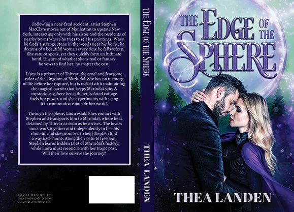 Full paperback wrap for The Edge of the Sphere by Thea Landen, featuring a romantic fantasy scene with a couple embracing beneath a glowing sphere, purple cosmic tones, and a back cover blurb in a bordered text panel.